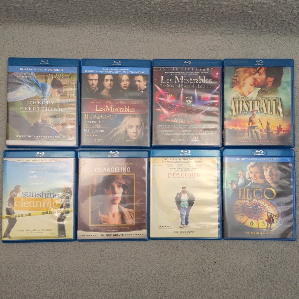 Lot of 8 Blu-ray Movies Theory of Everything Les Miserables Australia Hugo Drama